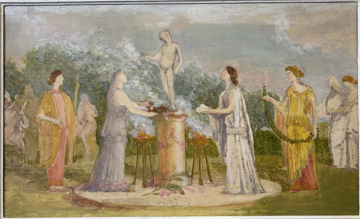 Technique mixte sur papier marouflé sur carton fort d’Henri Laffite « Procession des Vestales »