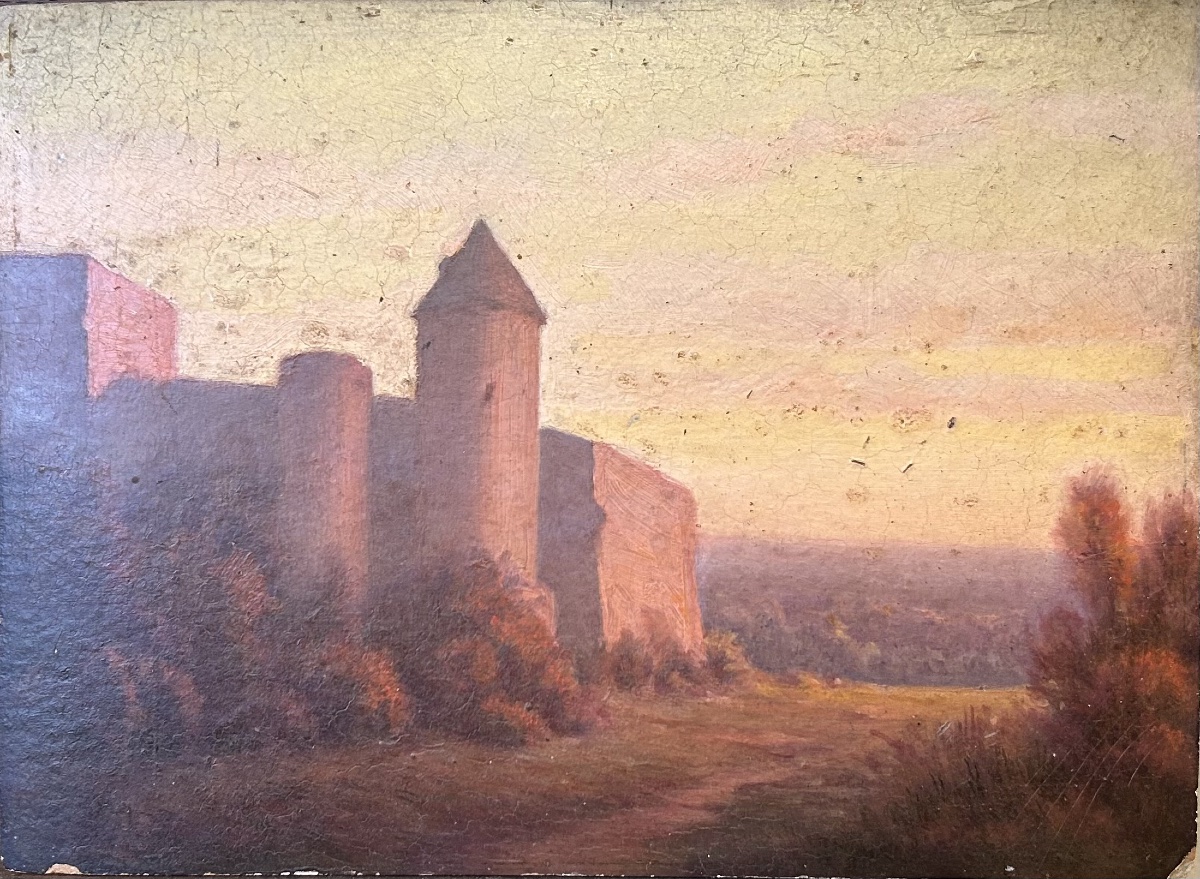 Huile sur panneau d’Henri Laffite « Les remparts de Carcassonne » (?)
