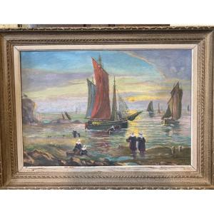 Huile Sur Panneau "bateaux Sur La Grève" Signée L Barrère et datée 1945