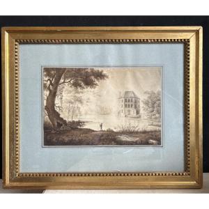 18th Century Pencil And Brown Wash Drawing Of A Lively Lake Landscape