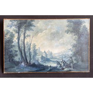 Huile Sur Toile 18ème En Camaïeu De Bleus Représentant Un Paysage Animé