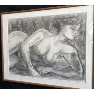 Dessin au crayon gras et fusain « Nu allongé » signé André Trèves