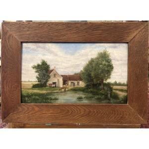Oil On Panel Depicting A Farm Painted In A Naive Style