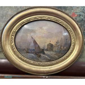 Gouache sur toile fixée sous verre représentant des bateaux  dans un port