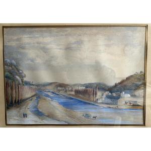 19th Century Watercolor Depicting A Lively Landscape On The Banks Of A River