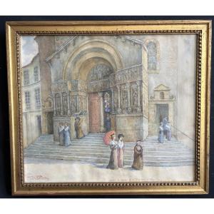 Watercolor “leaving Mass At Ste Trophime d'Arles” Signed Rème And Dated “souvenir Of 1910”