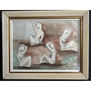 Aquarelle « Étude de Nus assis » signé d'André Cahour