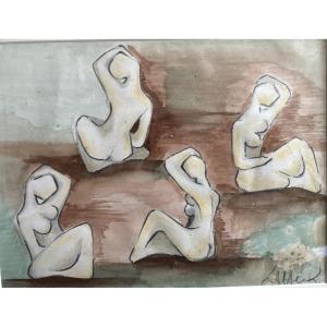 Aquarelle « Étude de Nus assis » signé d'André Cahour