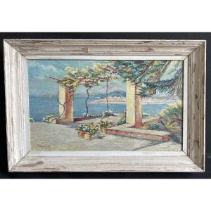 Oil On Panel « terrasse En Méditerranée » Signed By Henri Jousset And Dated 1943