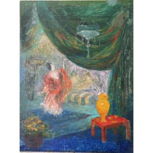 Huile sur papier marouflée sur panneau « Scène de théâtre » d’Henri Laffite