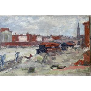 Huile sur carton d’Henri Laffite représentant les Quais de la Garonne à Toulouse