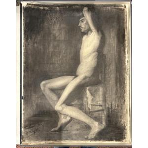 Dessin au crayon et fusain début XXème représentant une Académie d’homme situé, daté et signé 