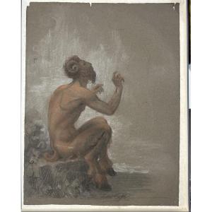 Dessin signé d’Henri Laffite représentant un Faune assis