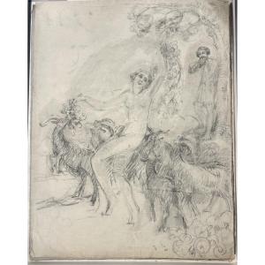 Dessin au crayon et fusain d’Henri Laffite représentant une scène mythologique 
