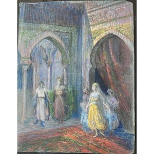 Dessin au pastel d’Henri Laffite représentant une scène de harem