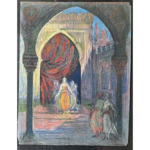 Dessin au pastel d’Henri Laffite représentant une scène de harem