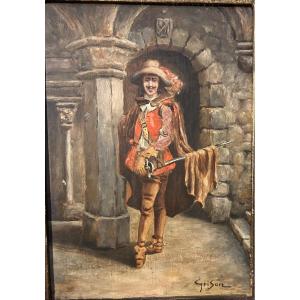 Huile sur panneau de Francois Adolphe Grison représentant un  Mousquetaire