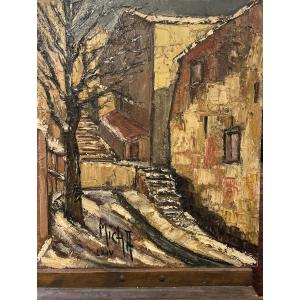 Oil On Isorel Signed Micha And Dated 1964 Representing Snow-covered Stairs In A Village
