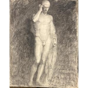Dessin au crayon et fusain représentant une académie d’homme datée, signée et dédicacée 