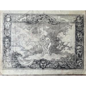 Dessin au crayon et encre mise au carreau d’Henri Laffite représentant une scène de bacchanale 