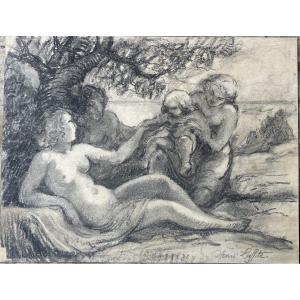 Dessin crayon et fusain signé Henri Laffite