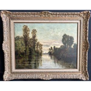 Huile sur toile signée Karl Daubigny « Paysage lacustre »
