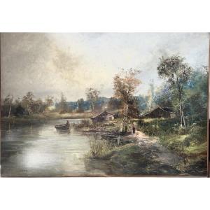 Very Large Oil On Canvas, “boats On The River In Autumn,” Godchaux Studio