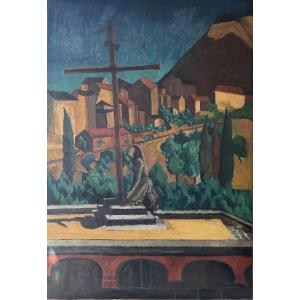 Très grande huile sur toile « Calvaire à Corte » signé André Utter