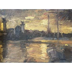 Huile sur toile « Tour Eiffel depuis le pont Alexandre III » signé Pierre Gogois