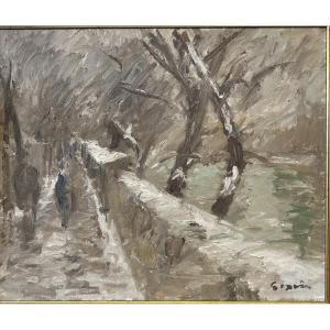 Huile sur toile « Les bouquinistes des quais de Paris sous la neige » signé Pierre Gogois