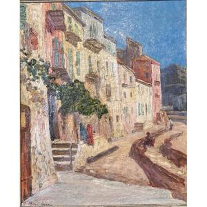 Huile sur toile « Village méditerranéen » signé Félix Pierre Mangiapan