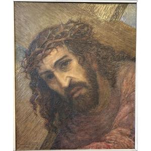 Huile sur carton fort représentant Le Christ signé d’Henri Laffite et daté 1941