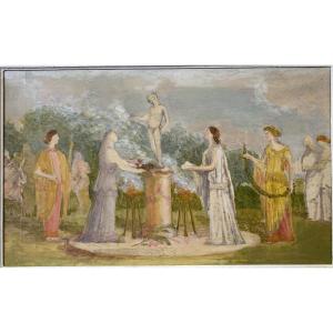 Technique mixte sur papier marouflé sur carton fort d’Henri Laffite « Procession des Vestales »