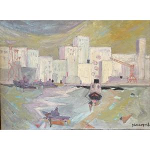 Huile sur toile « Le port du Havre » signée d’Annie Proszynska 