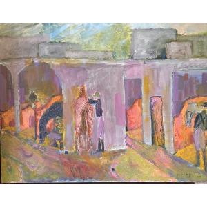 Huile sur toile « Le Paddock » signé d’Annie Proszynska et daté 62