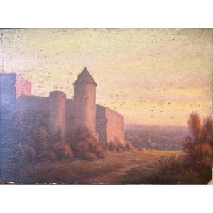 Huile sur panneau d’Henri Laffite « Les remparts de Carcassonne » (?)