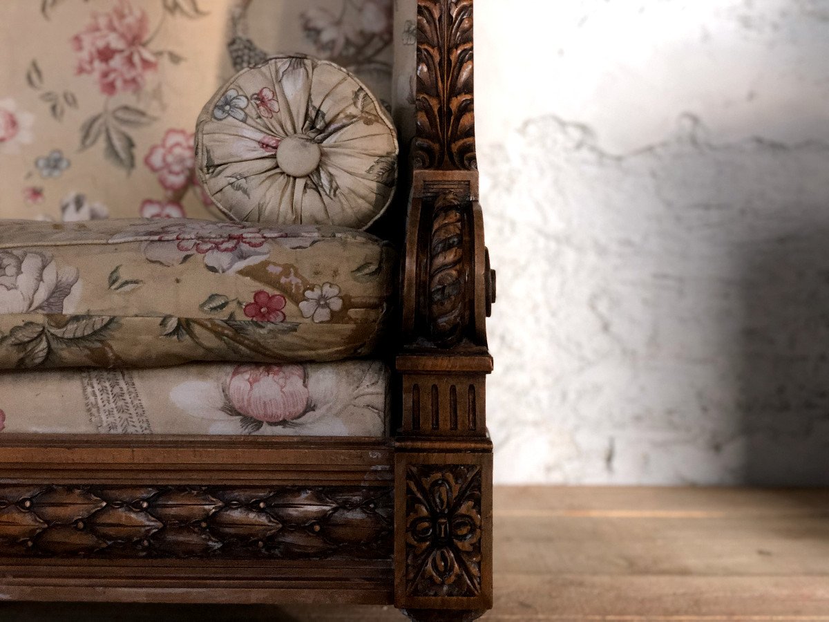 Walnut Daybed Upholstered In Silk, Louis VI Style, Late 19th Century-photo-2