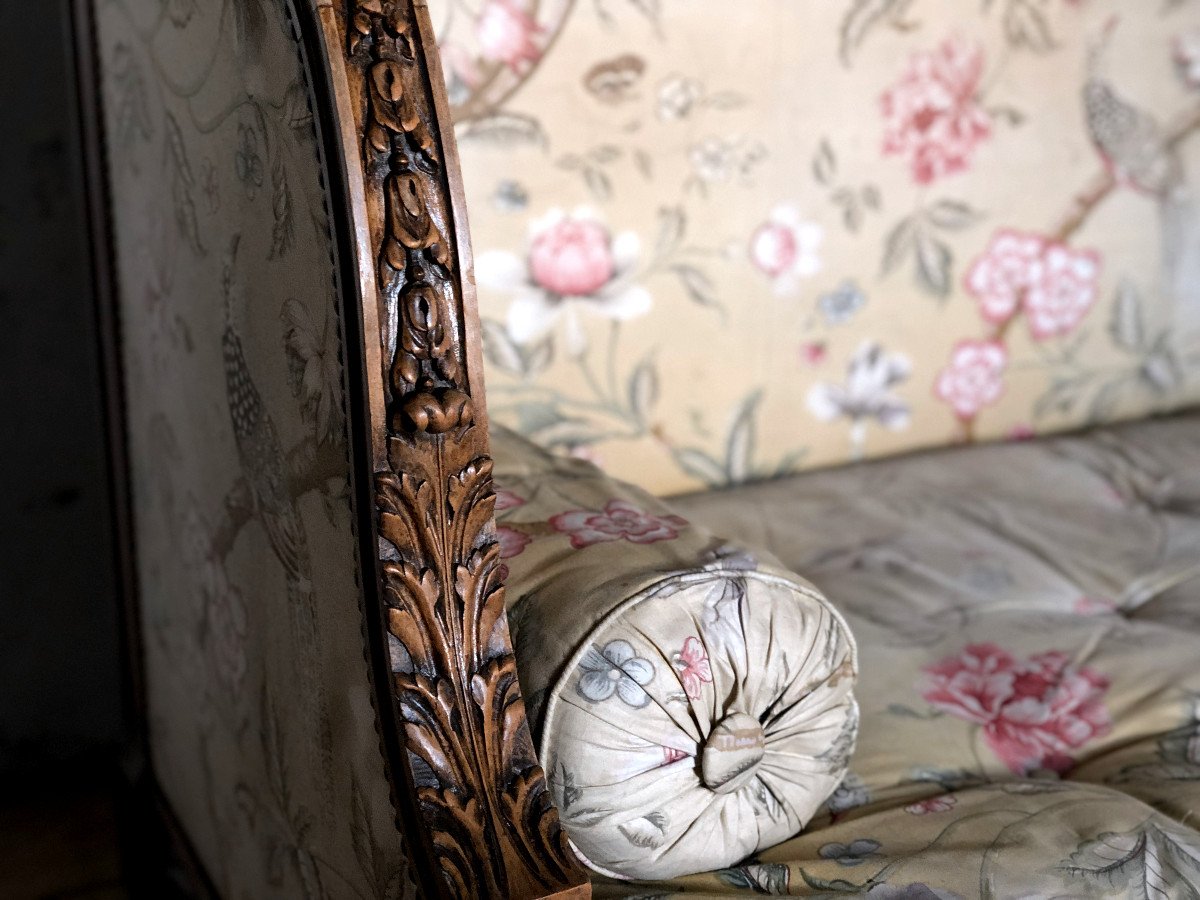 Walnut Daybed Upholstered In Silk, Louis VI Style, Late 19th Century-photo-3