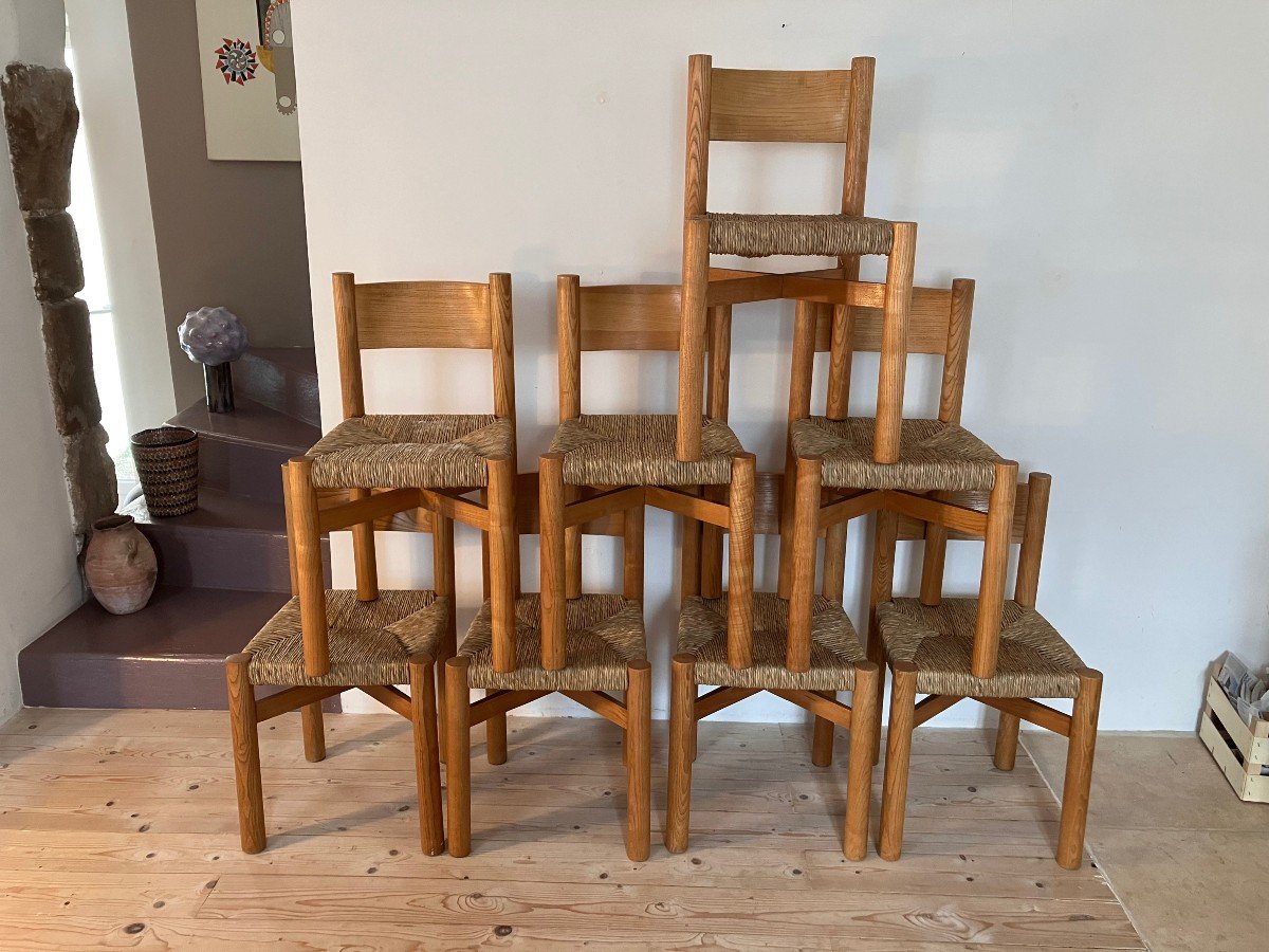 Charlotte Perriand Série De 8 Chaises Modèle Méribel 1970 édition Stéph Simon-photo-5