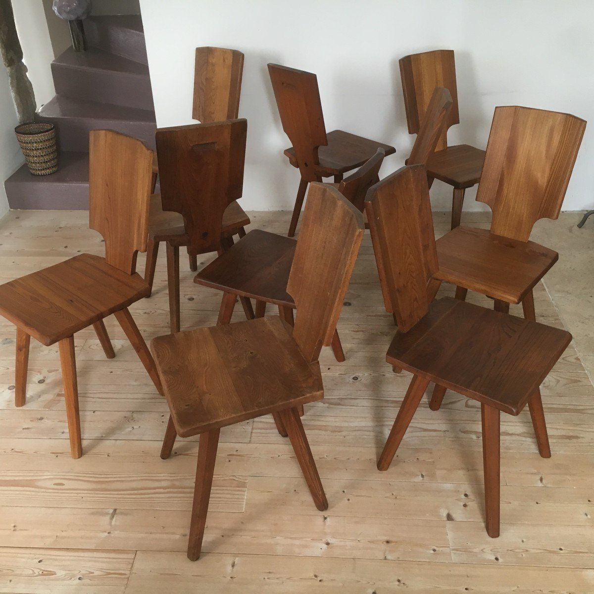 Series Of 10 Model S.28 Chairs By Pierre Chapo In Elm 1970-photo-4