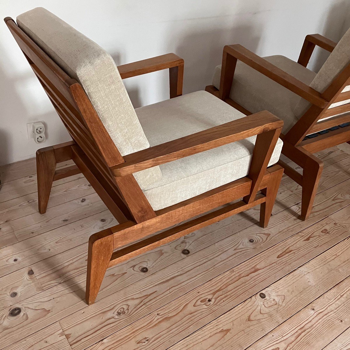 Paire De Fauteuils De René Gabriel En Chêne Des Années 1940 Très Bon état-photo-3