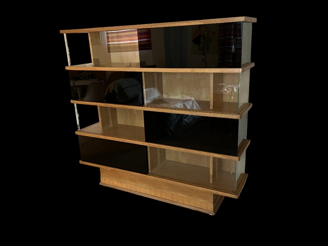 Maurice Pré Bookcase, 1950-1960, Oak With Black Opaline Glass.-photo-2