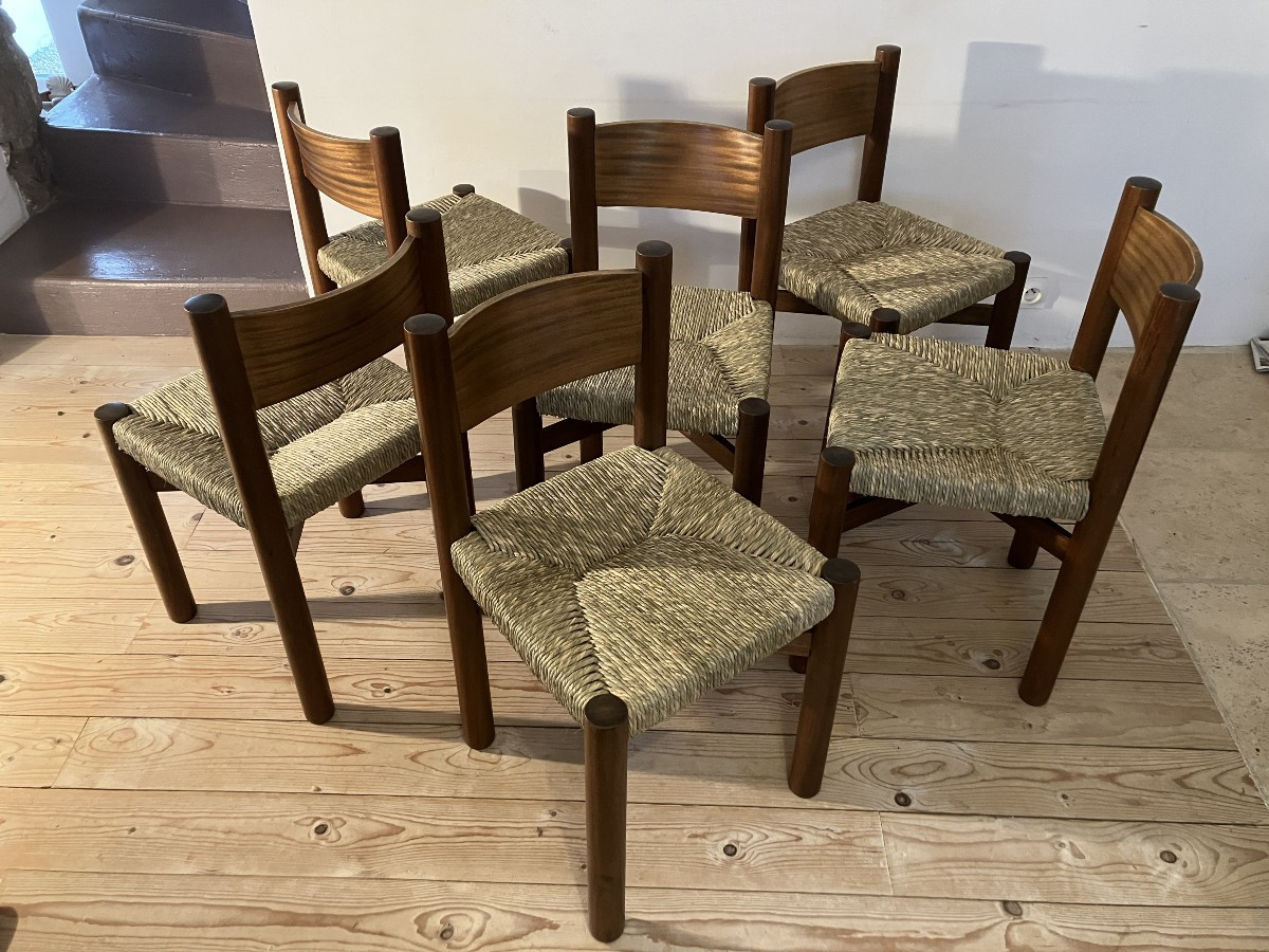 série de 6 chaises Charlotte Perriand modèle Meribel en acajou édition Steph Simon 1960
