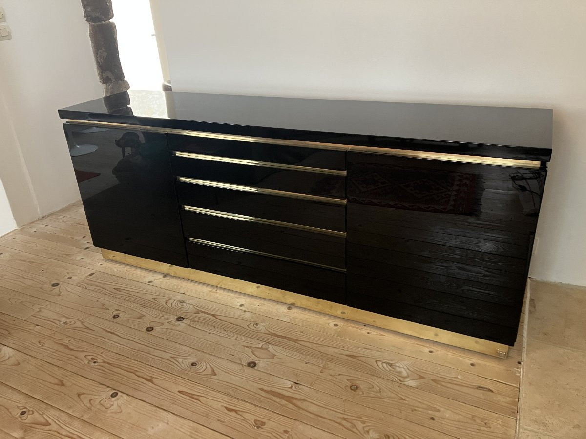 Buffet Enfilade De Jean Claude Mahey Des Années 1970 Black Lacquer And Brass Perfect Condition-photo-2