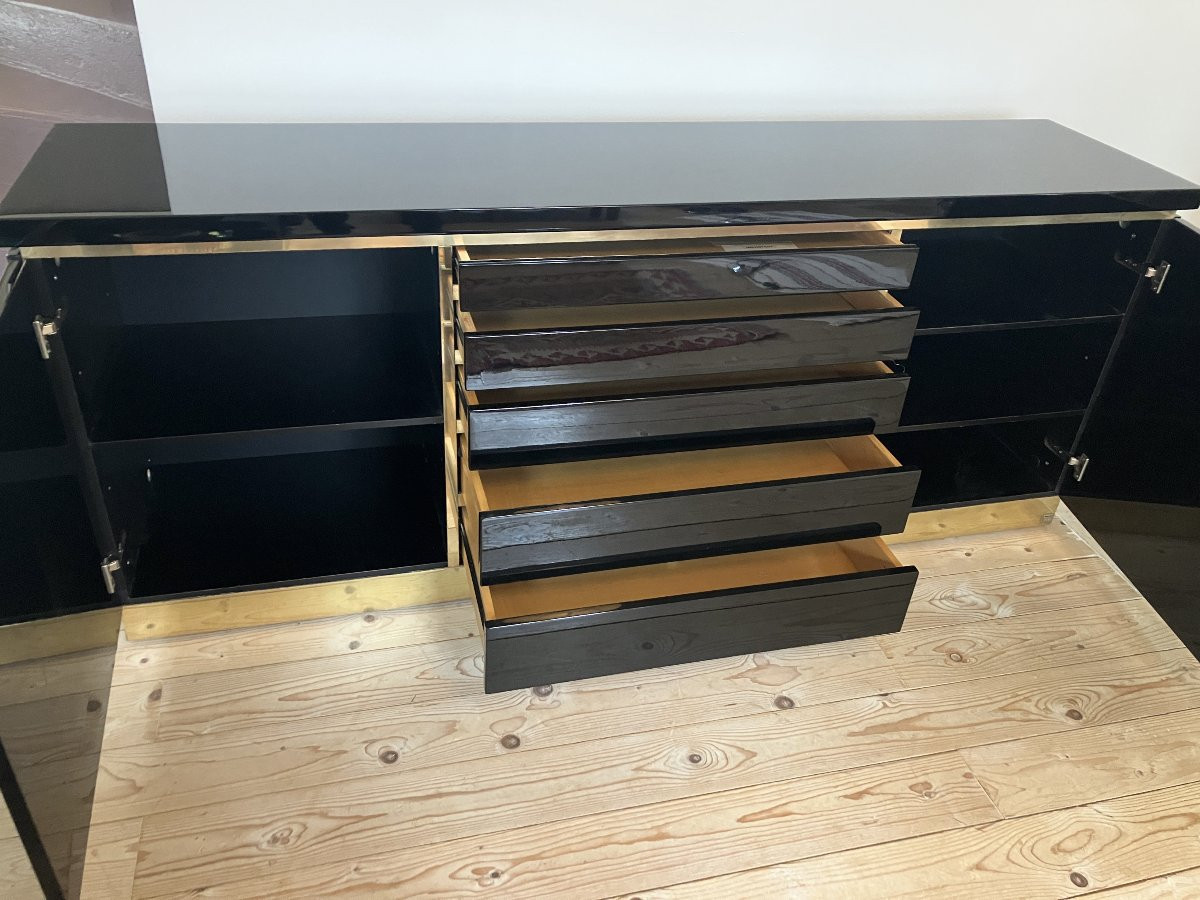Buffet Enfilade De Jean Claude Mahey Des Années 1970 Black Lacquer And Brass Perfect Condition-photo-5