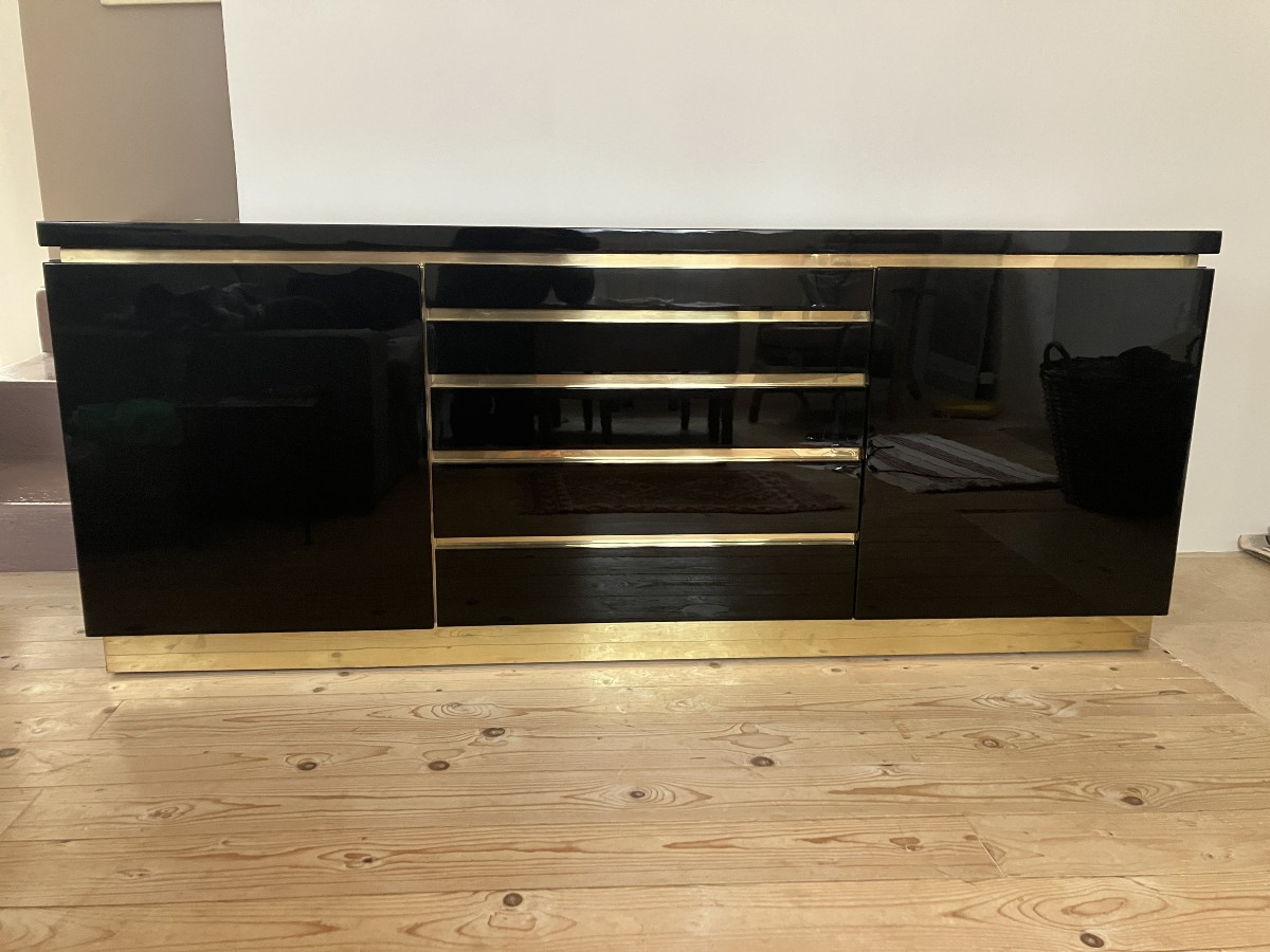 Buffet Enfilade De Jean Claude Mahey Des Années 1970 Black Lacquer And Brass Perfect Condition