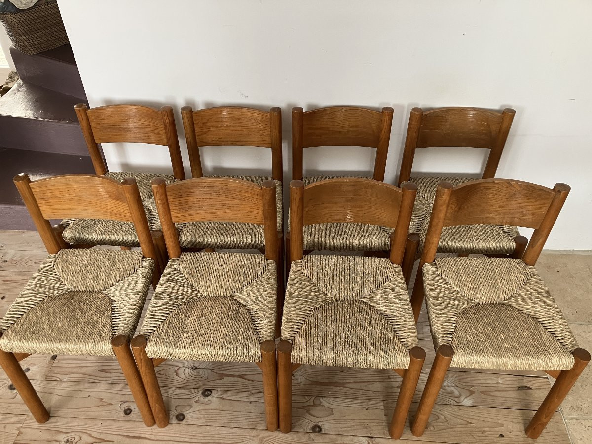 série de 8 chaises Charlotte Perriand modèle Meribel en frêne édition Steph Simon 1960-photo-2
