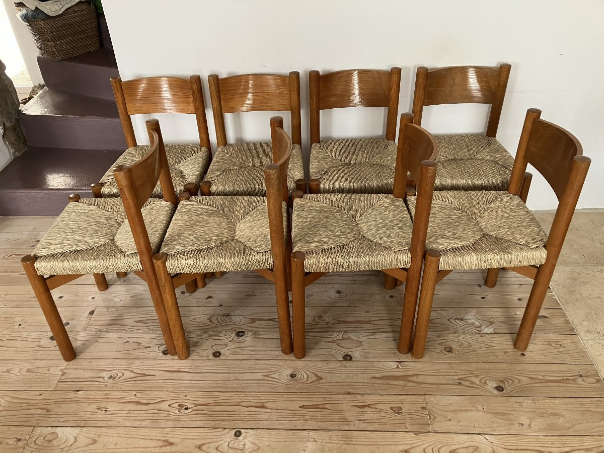 série de 8 chaises Charlotte Perriand modèle Meribel en frêne édition Steph Simon 1960-photo-4