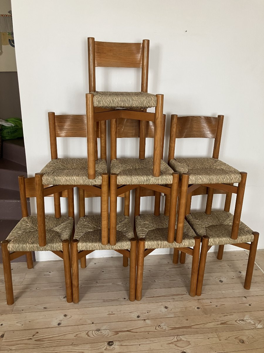 série de 8 chaises Charlotte Perriand modèle Meribel en frêne édition Steph Simon 1960-photo-2