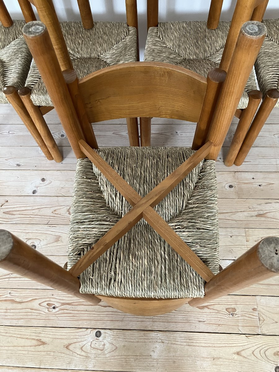 série de 8 chaises Charlotte Perriand modèle Meribel en frêne édition Steph Simon 1960-photo-6